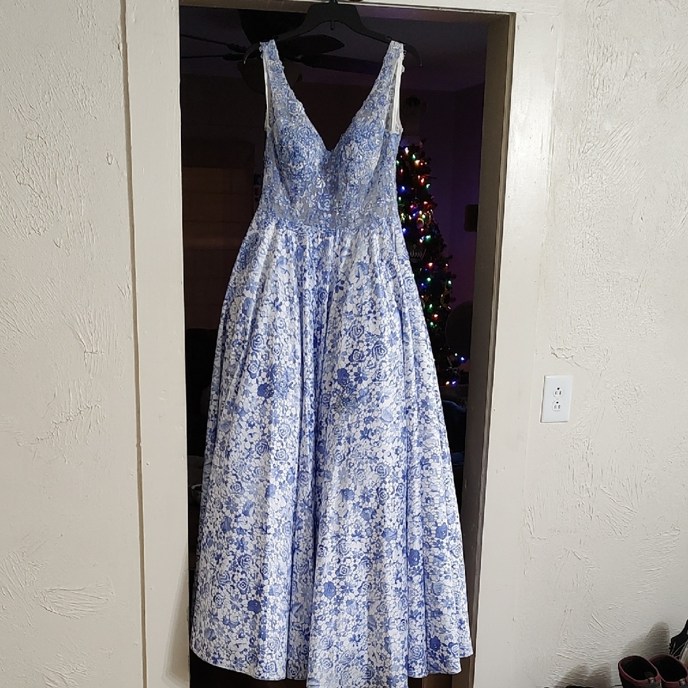 JVN by Jovani Blue and White Floral Maxi Dress